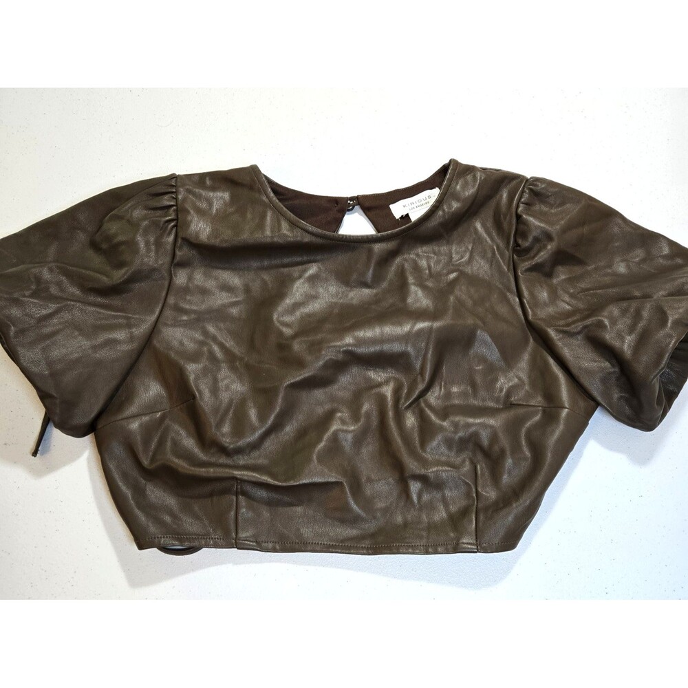 Kirious Womens Crop Top Brown Medium Pleather Back Tie Party Boho Preppy